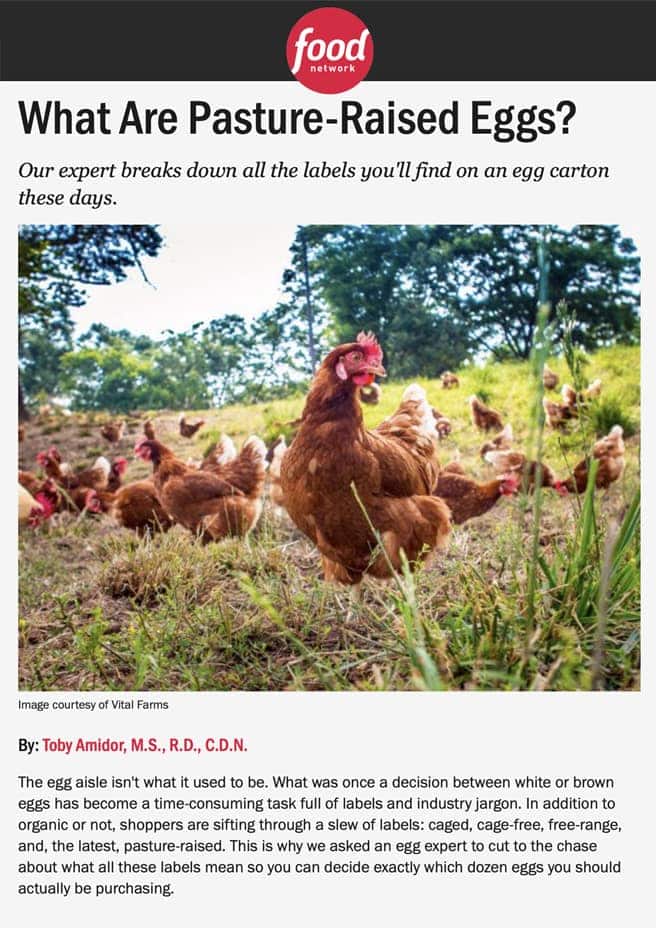 A screenshot of an article from the Food Network with the headline: What Are Pasture-Raised Eggs?