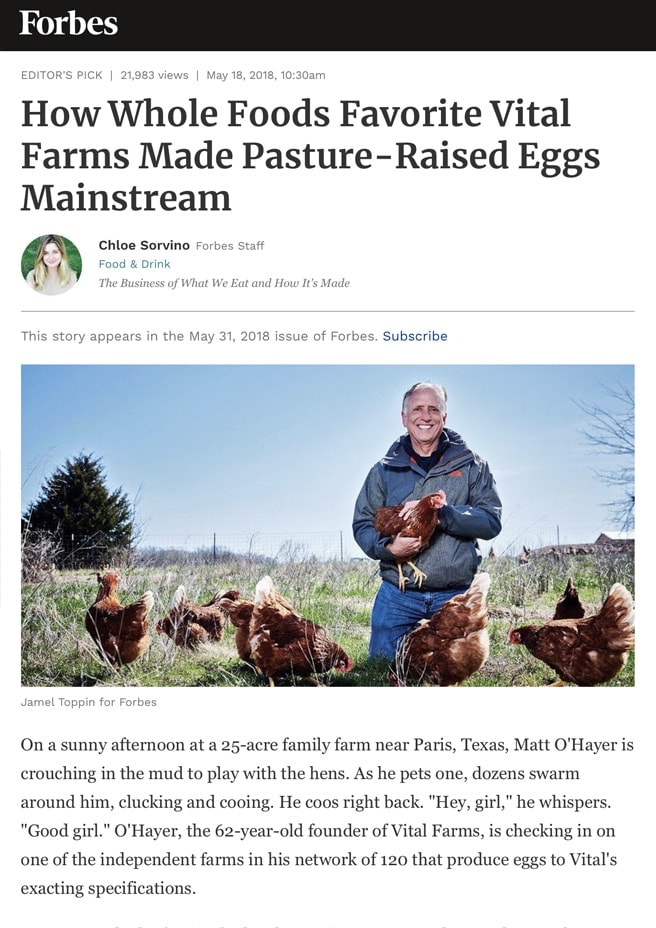A screenshot of an article from Forbes with the headline: How Whole Foods favorite Vital Farms made Pasture-Raised Eggs mainstream.