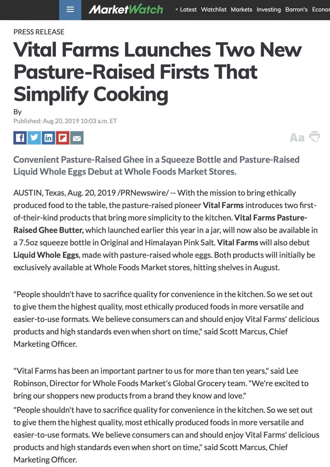 A screenshot of an article from Market Watch with the headline: Vital Farms Launches Two New Pasture Raised Firsts That Simplify Cooking.
