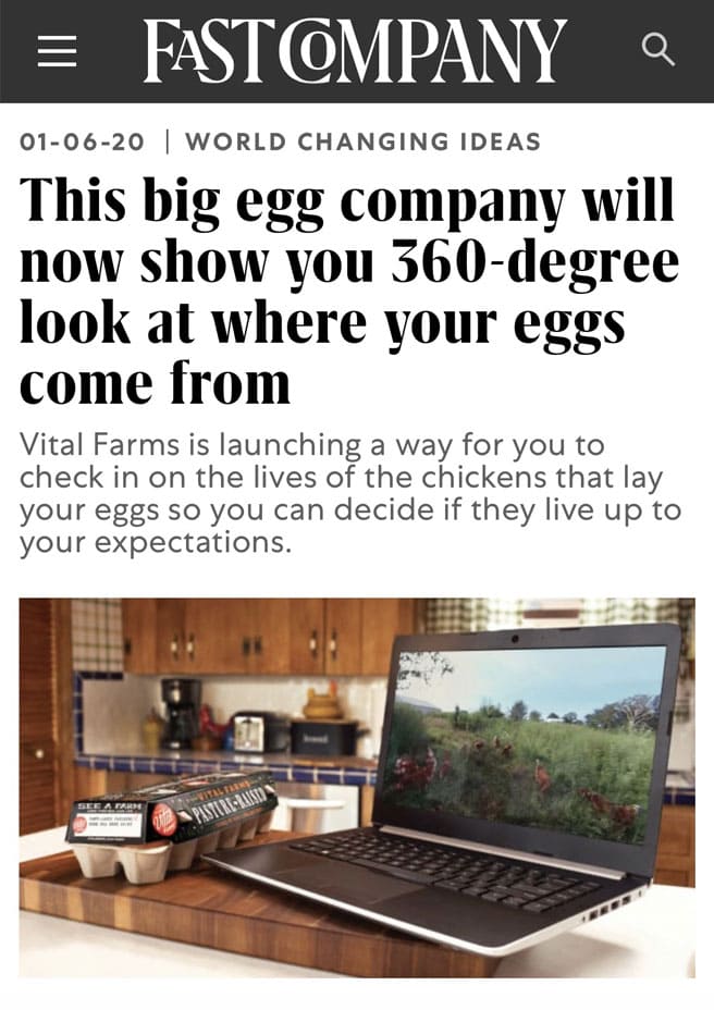 A screenshot of an article from Fast Company with the headline: This big egg company will now show you 360-degree look at where your eggs come from