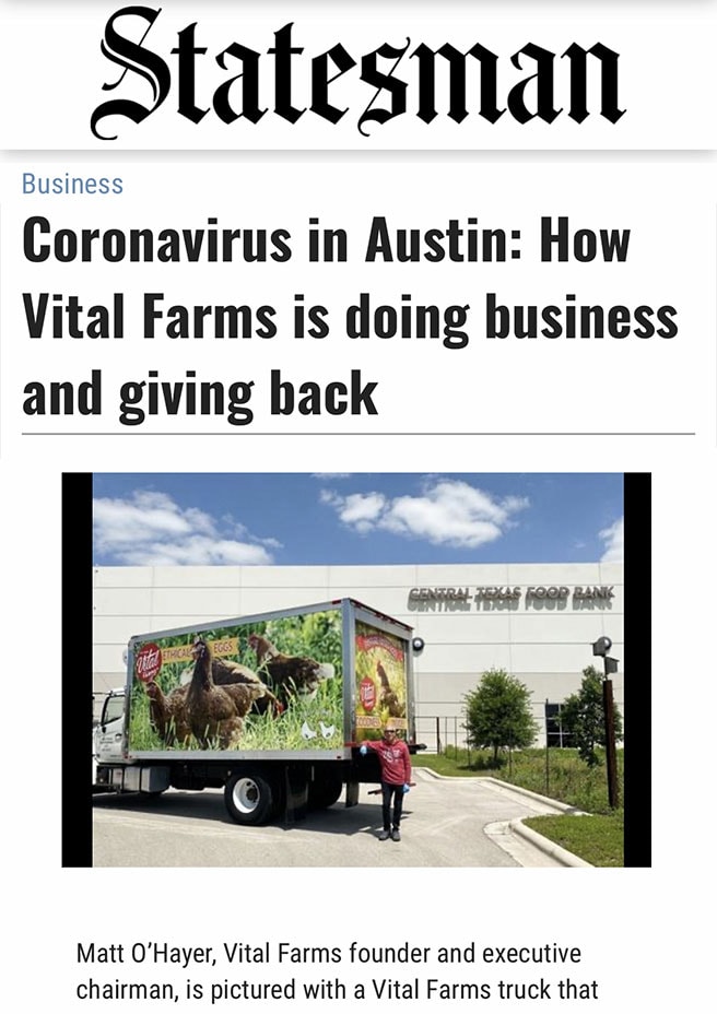 A screenshot of an article from Austin American Statesman: Coronavirus in Austin: How Vital Farms is doing business and giving back