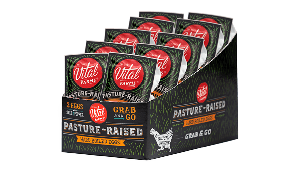 A 10 count container of Grab and Go 2-packs of pasture raised hard boiled eggs.