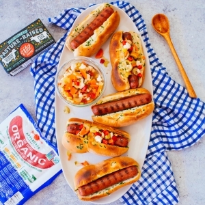 Hot Dogs with Toasted Garlic Buns and Crunchy Giardiniera