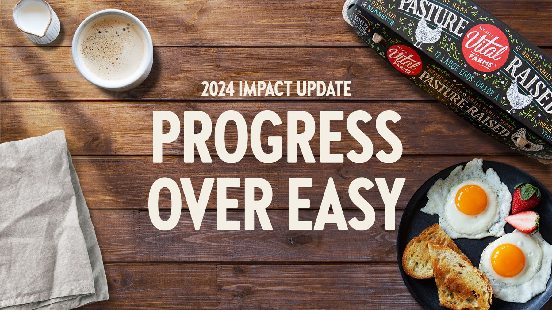 2024 Impact Update - Progress Over Easy text over image of eggs on table